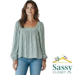 Lucky Brand Green Square Neck Long Sleeve Boho Top Women’s Small EUC